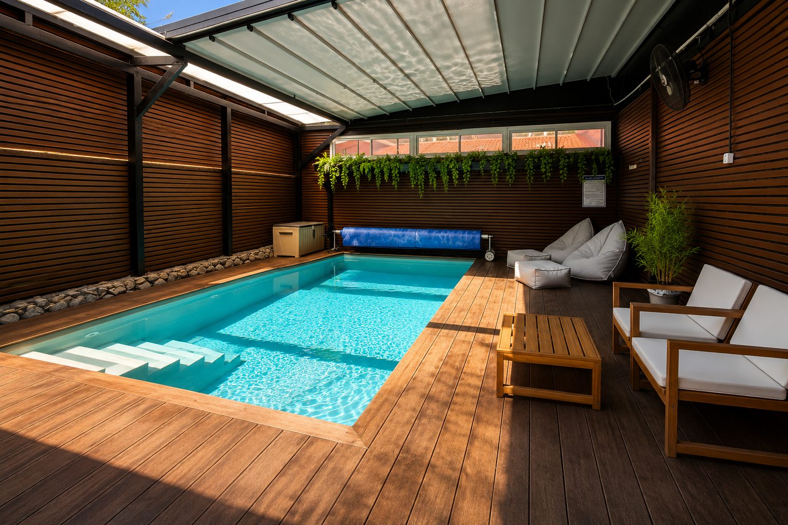 הבריכה הבנויה המחוממת והמקורה במתחם נוף ליער בביריה, עם דק עץ ופינות ישיבה